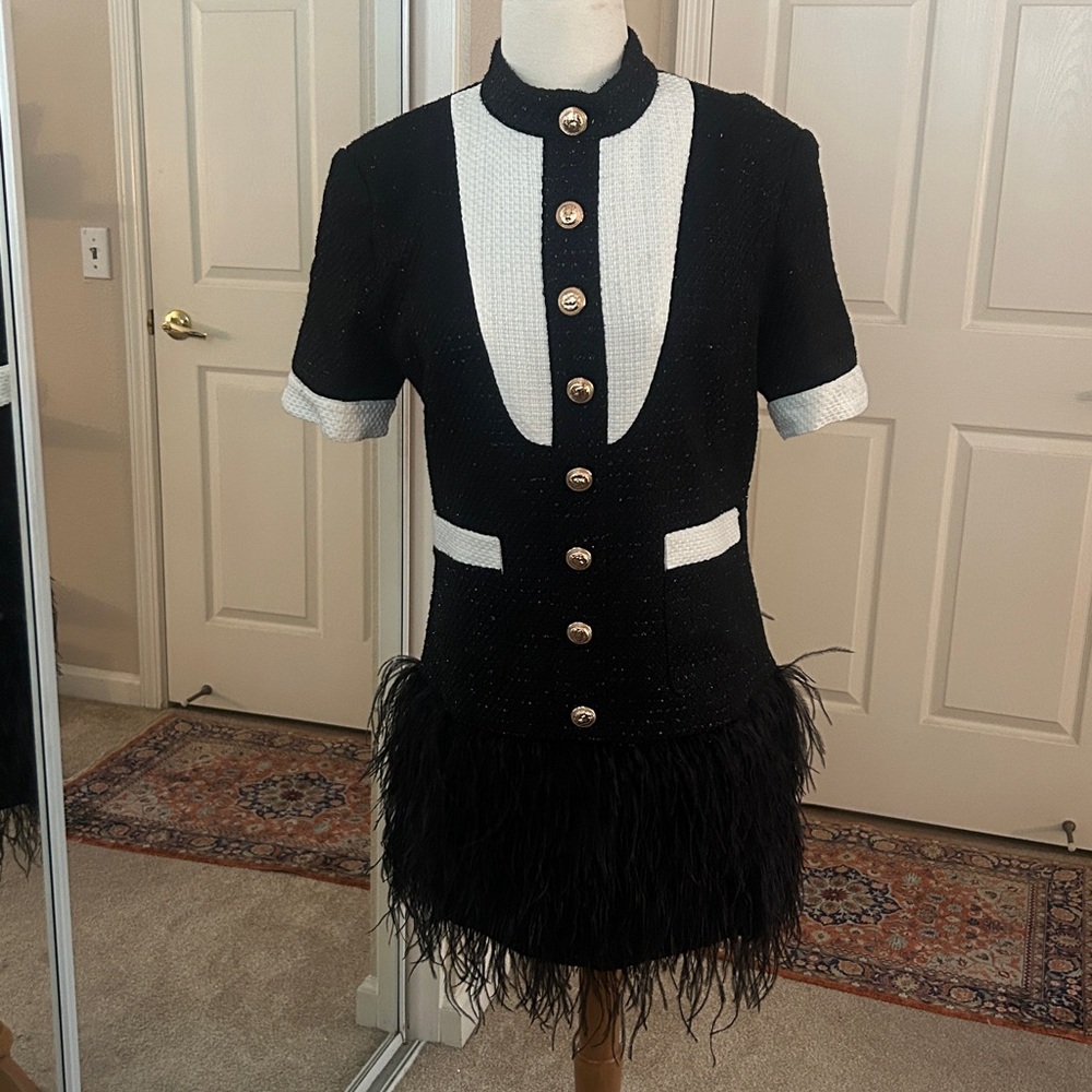 Black and White Feather Trim Dress